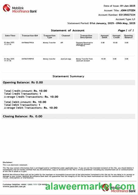 Pakistan Mobilink Microfinance Bank statement of account Word and PDF template